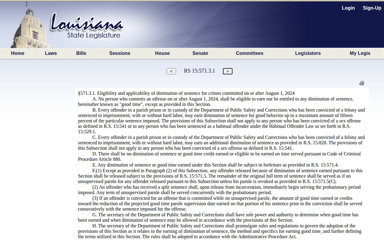 Louisiana diminution statute affecting Concordia Parish inmate release dates