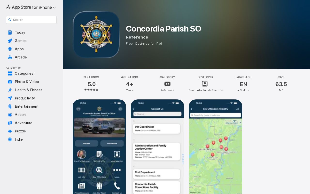 Official Concordia Parish Sheriff app listing checked for 24-hour release tools
