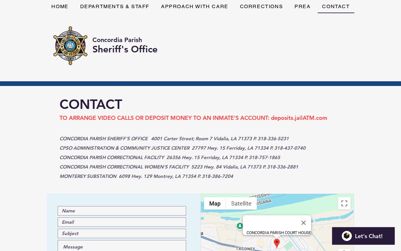 Concordia Parish Sheriff's Department Jail release contact listing