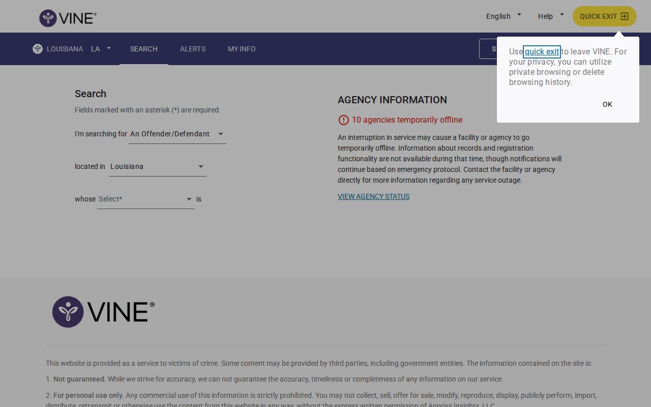 Louisiana VINELink person search for a Concordia Parish release check